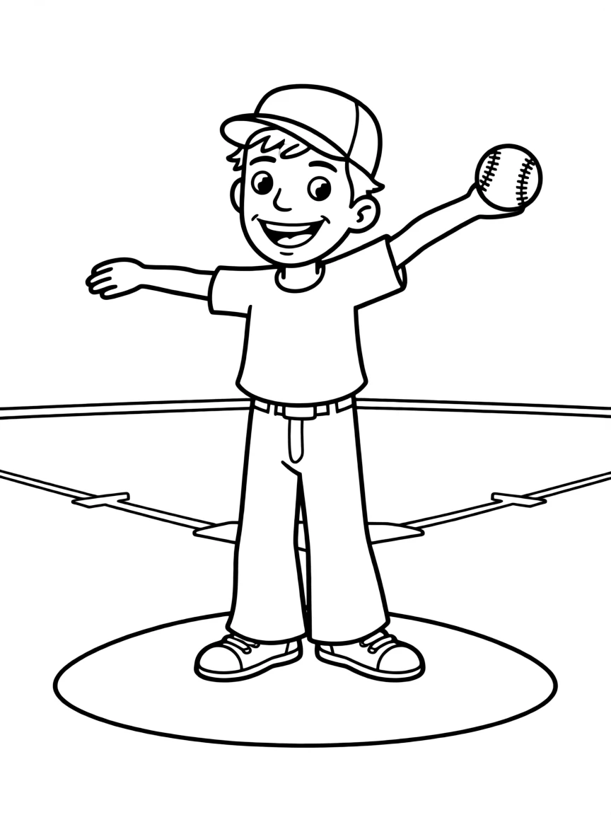A baseball pitcher throwing a happy curveball.