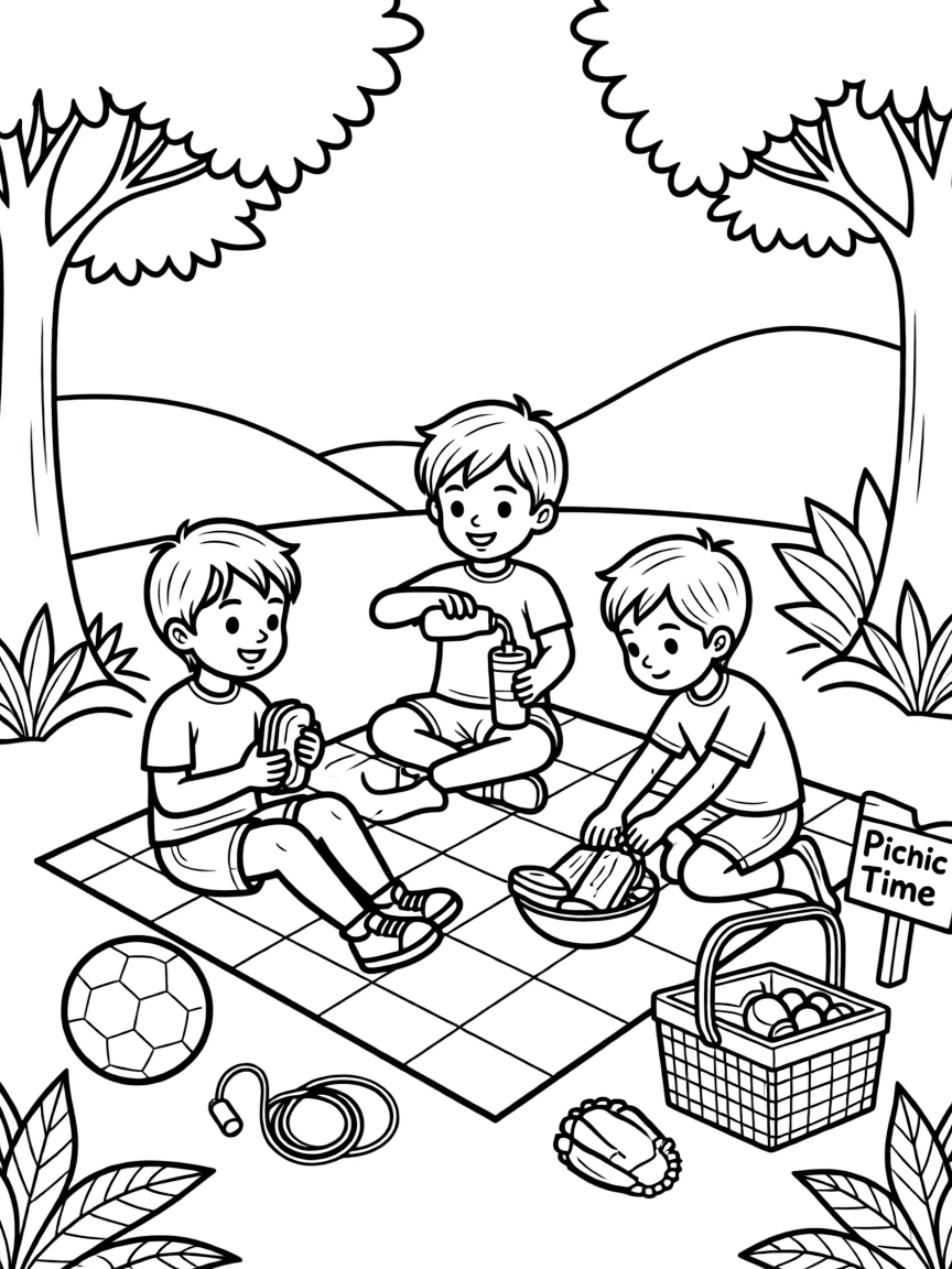 Kids enjoying a picnic after playing sports.