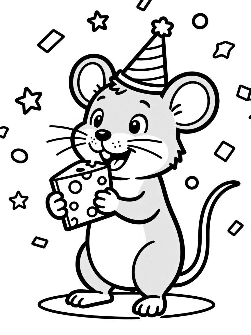 A cheerful rat, wearing a tiny party hat, nibbling on a slice of cheese with confetti falling around.