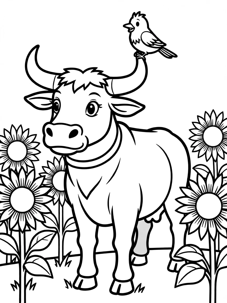 A brave ox, standing in a field of sunflowers, with a friendly bird perched on its horn.