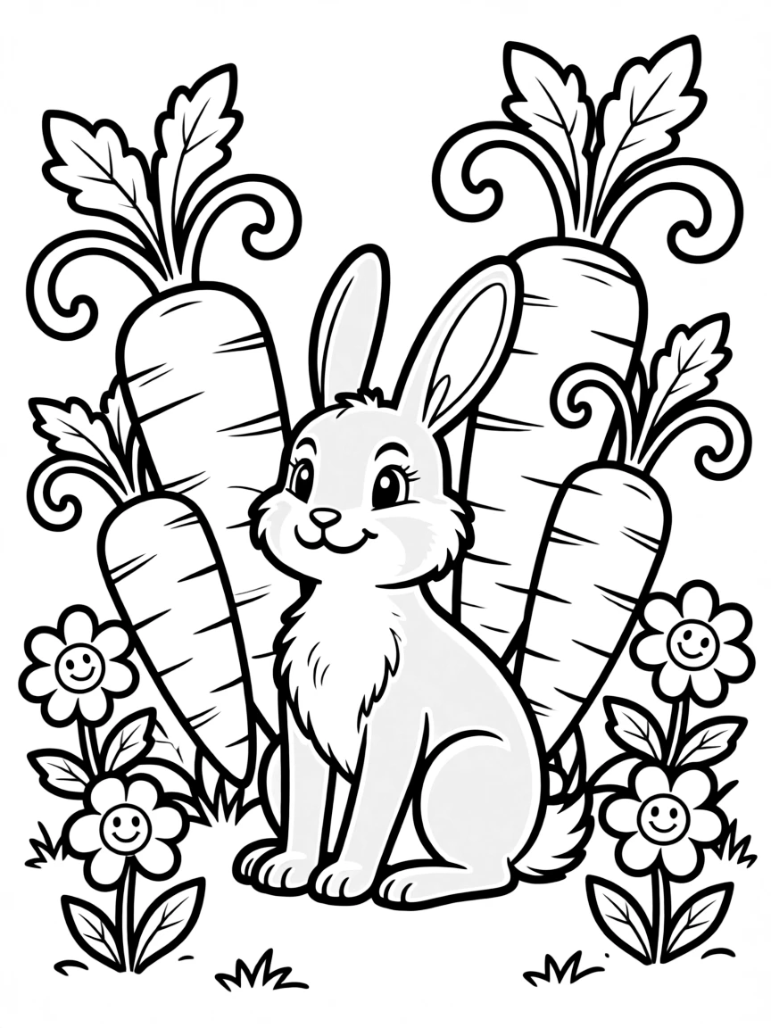 A gentle rabbit, sitting in a garden of giant, whimsical carrots and smiling flowers.