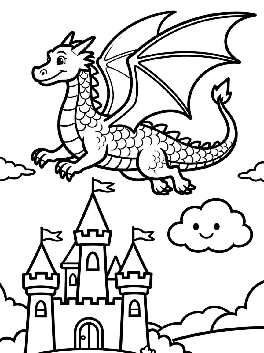 A majestic dragon, soaring over a whimsical castle with a friendly cloud looking on.