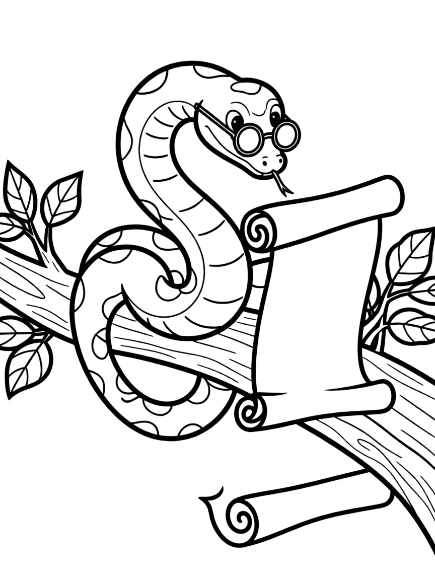 A wise snake, coiled around a tree branch, wearing tiny spectacles and reading a scroll.