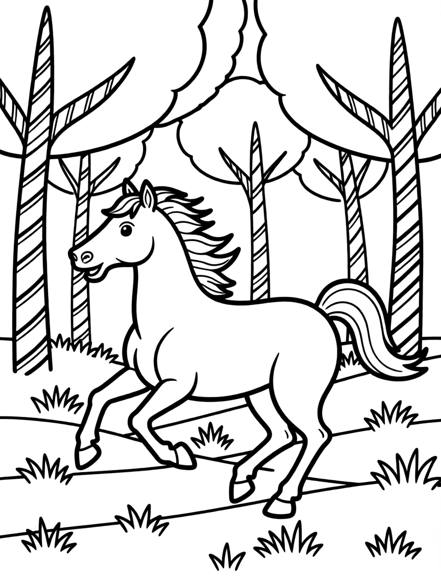 A galloping horse, with a flowing mane and tail, running through a meadow of candy-cane trees.