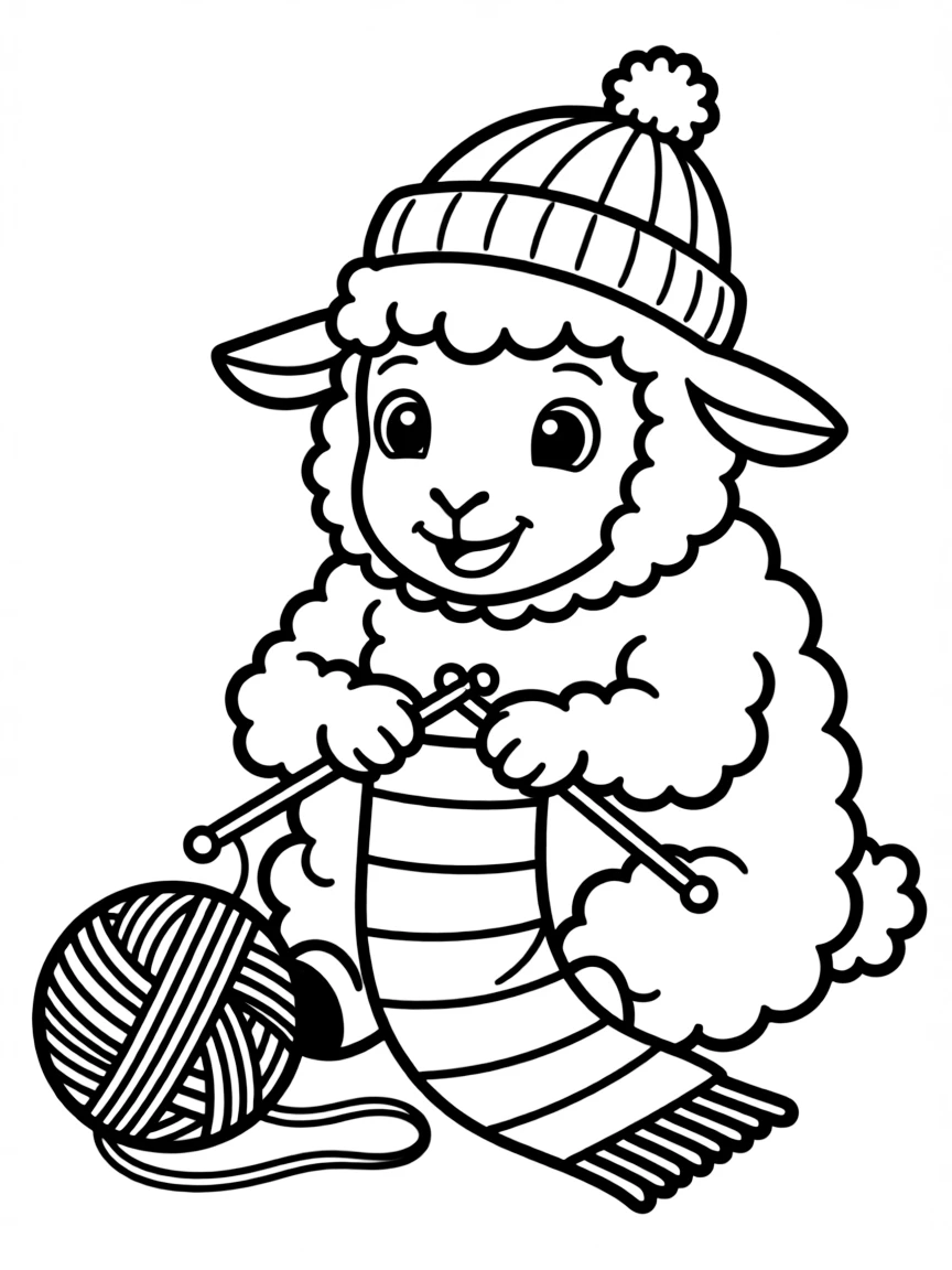 A fluffy sheep, knitting a colorful scarf with a ball of yarn next to it.
