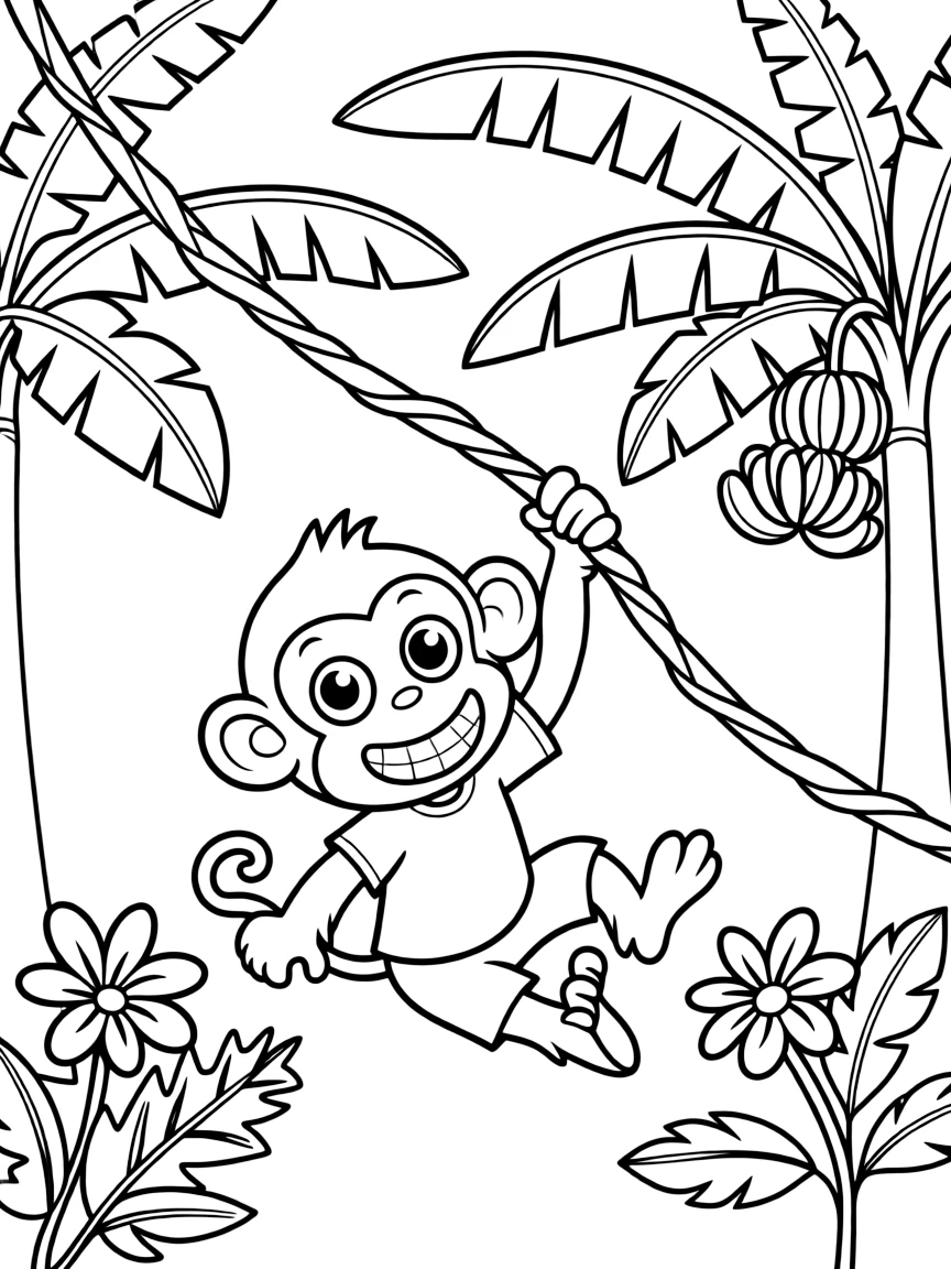 A mischievous monkey, swinging from a vine in a banana forest with a big grin.