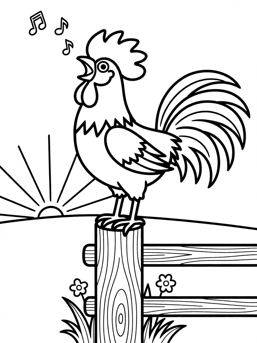 A proud rooster, crowing on a fence post at sunrise with tiny musical notes floating in the air.