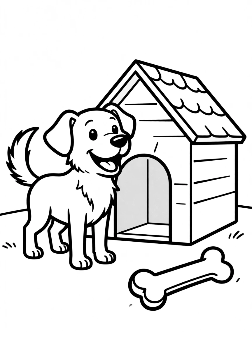 A loyal dog, wagging its tail next to a cozy doghouse with a bone.