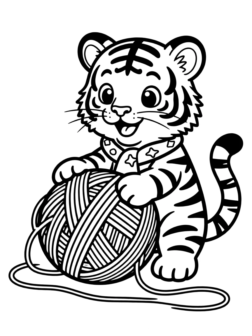 A tiger cub playing with a giant yarn ball, tangled in its stripes.