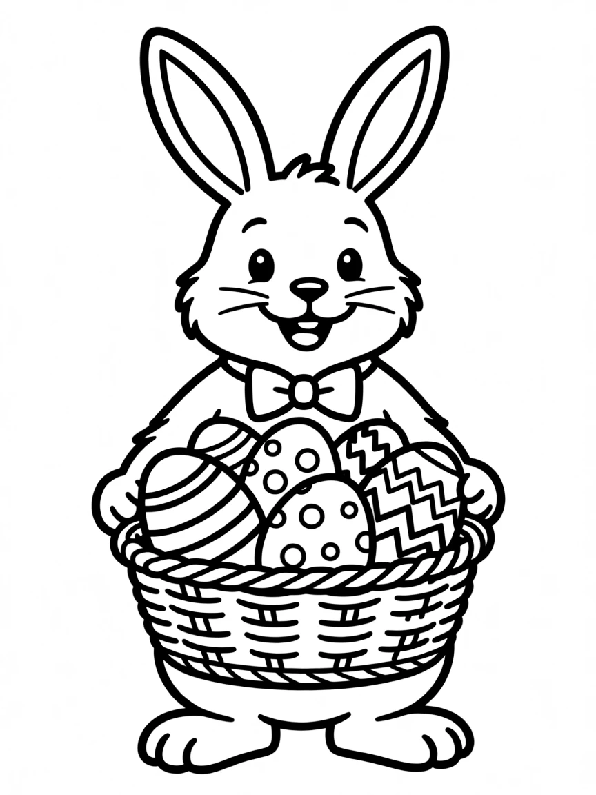 A rabbit holding a basket overflowing with painted Easter eggs.