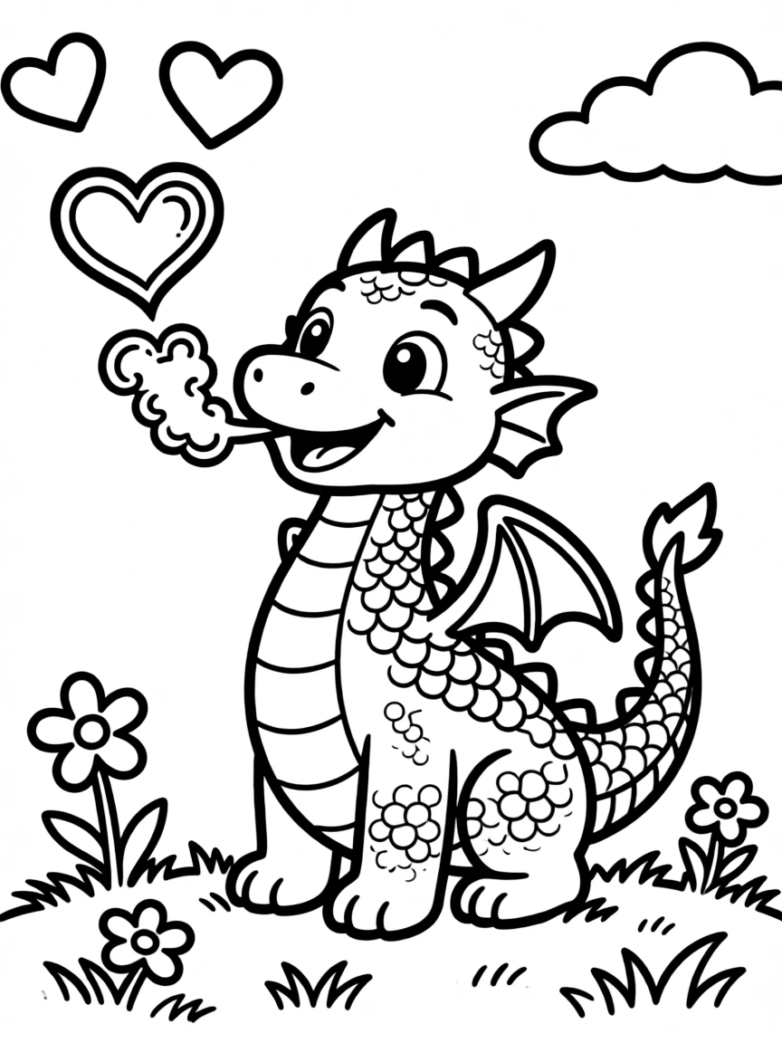 A friendly dragon blowing heart-shaped smoke rings.