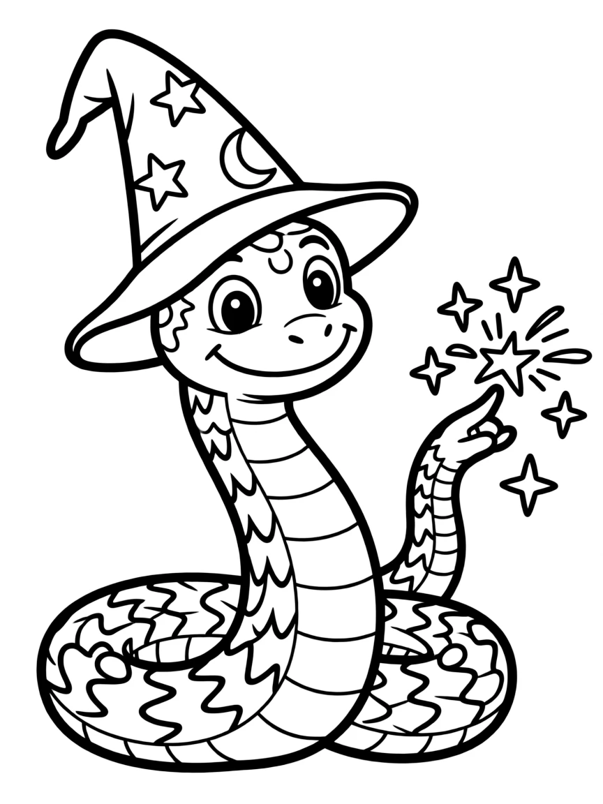 A snake wearing a wizard hat, casting a pretend spell with sparkles.