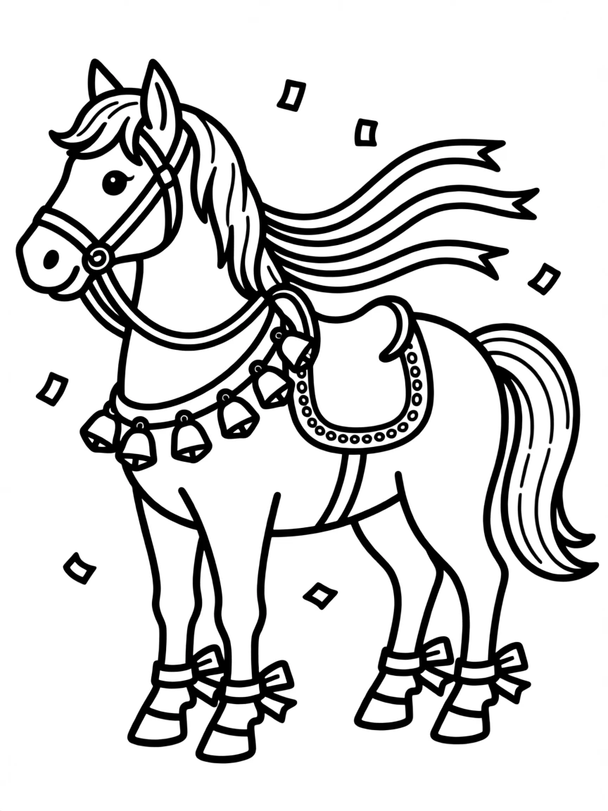 A horse adorned with ribbons and bells, ready for a parade.