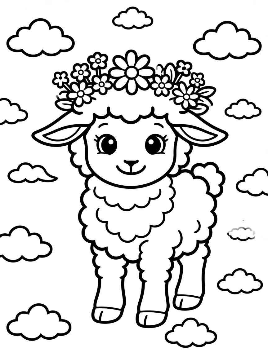 A sheep wearing a flower crown, surrounded by a flock of tiny, fluffy clouds.