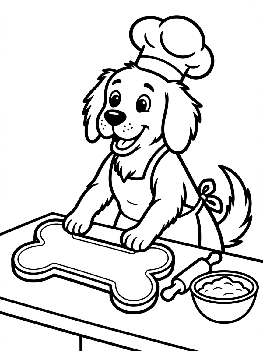 A dog wearing a tiny chef's hat, baking a giant bone-shaped cookie.