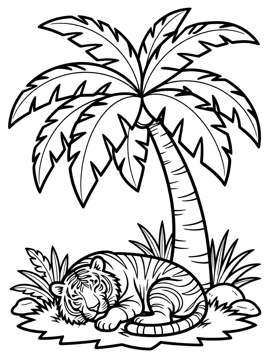 A tiger napping peacefully under a giant, leafy palm tree.