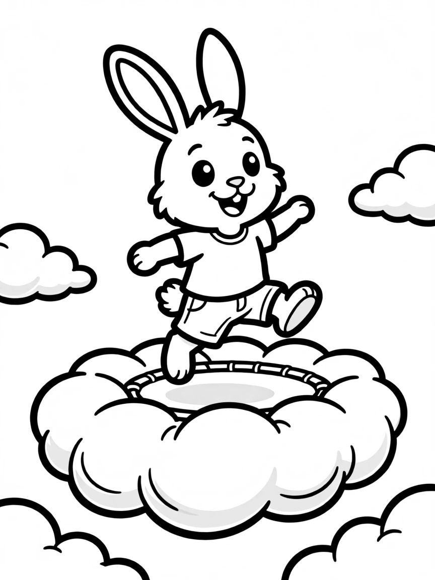 A rabbit bouncing on a trampoline made of fluffy clouds.