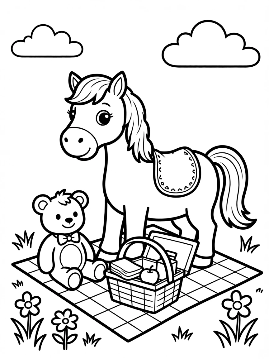 A horse enjoying a picnic with a teddy bear.