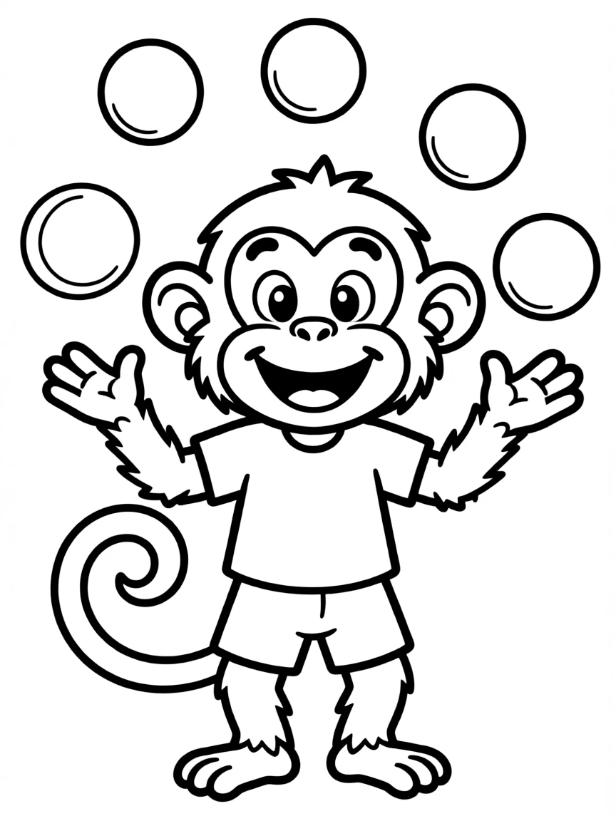 A monkey juggling brightly colored balls.