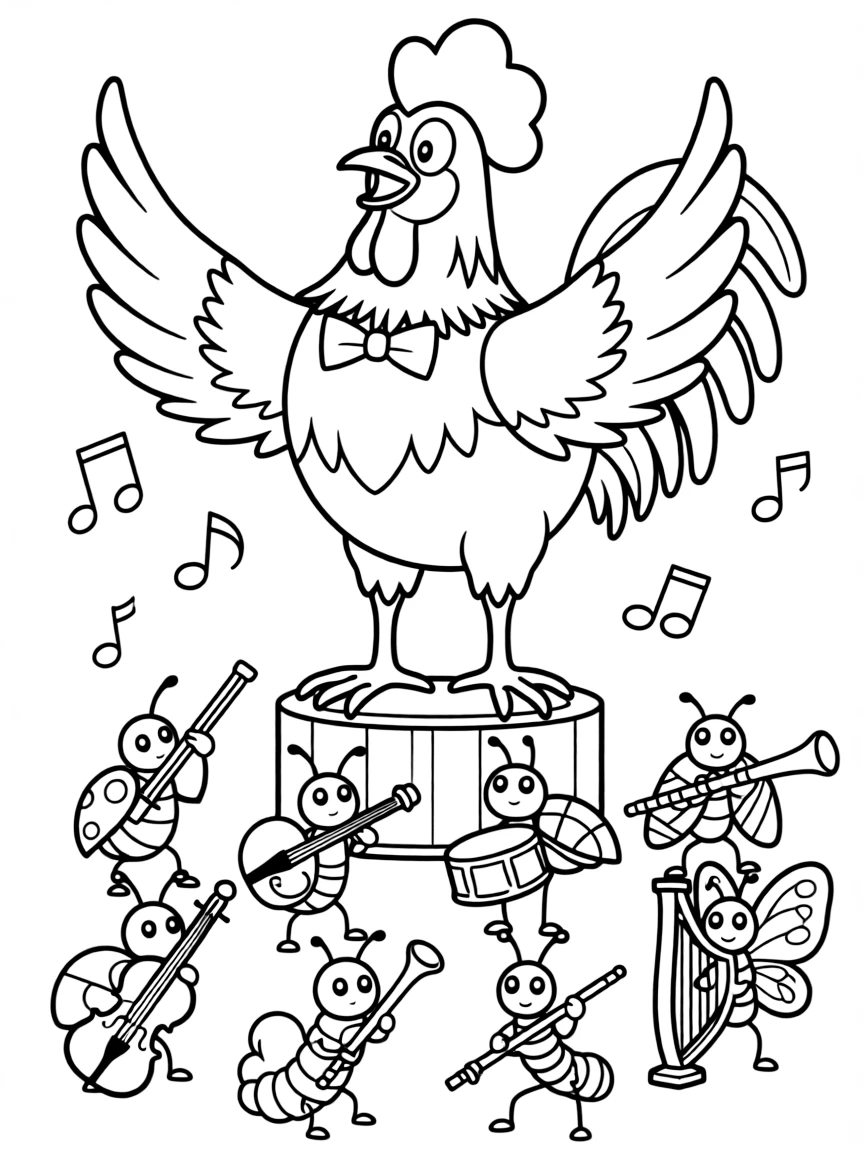 A rooster conducting an orchestra of tiny bugs.