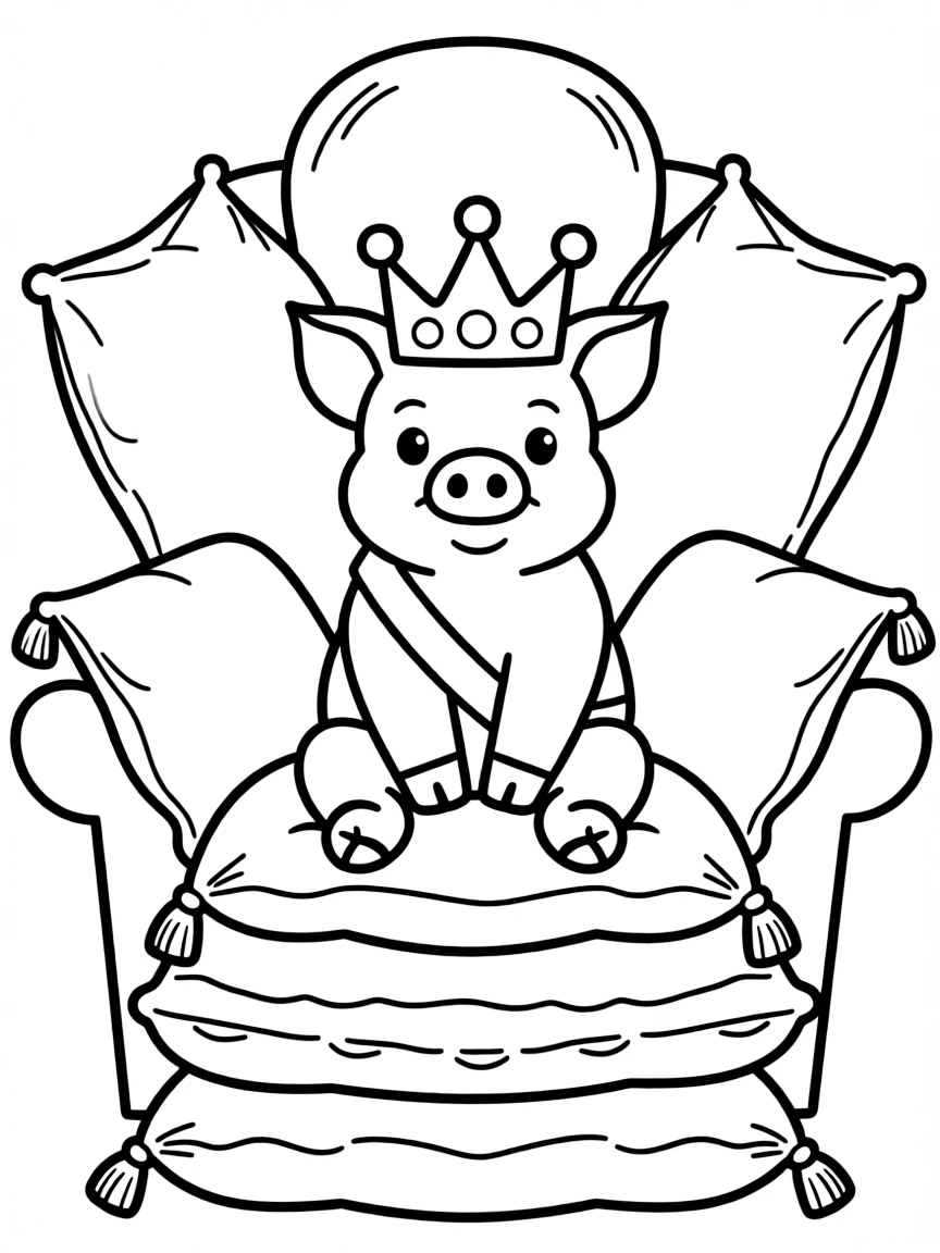 A pig wearing a crown, sitting on a throne of pillows.