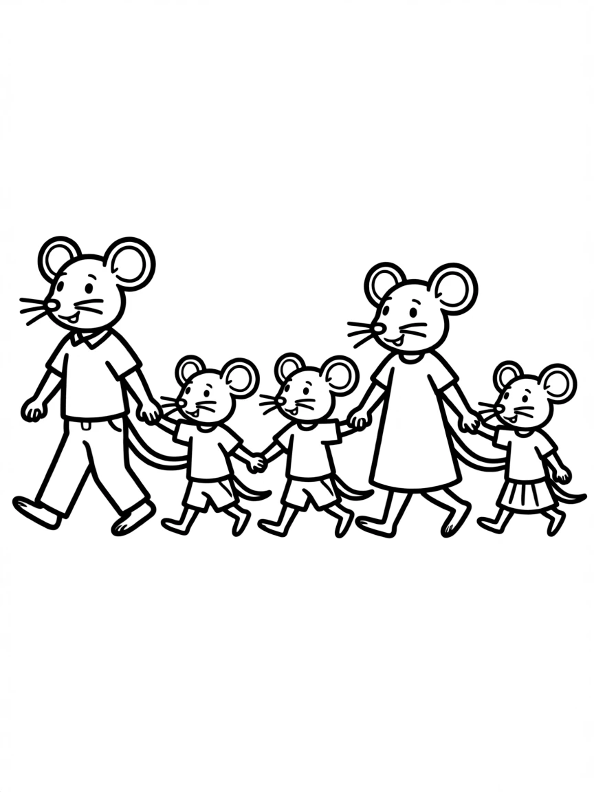 A family of rats, all holding hands, walking in a line.