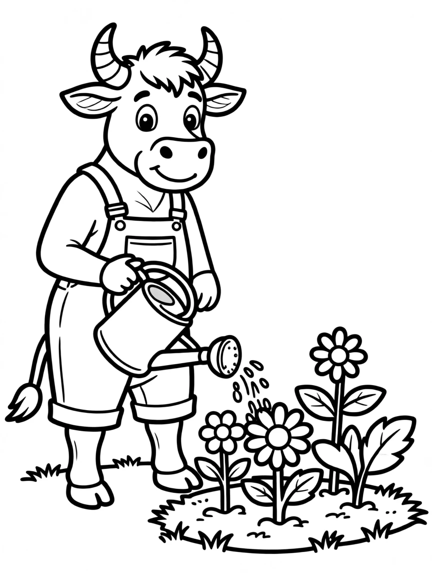 An ox wearing overalls, watering a garden.