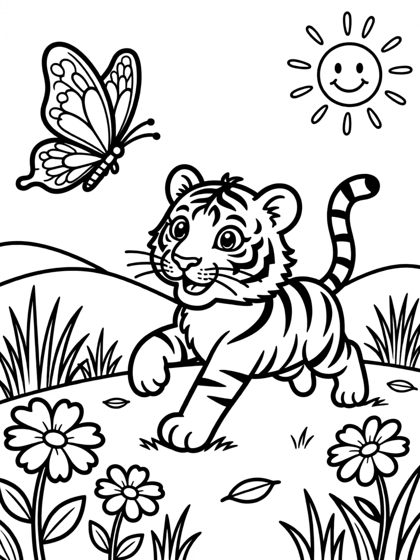 A tiger cub chasing a butterfly in a sunny meadow.