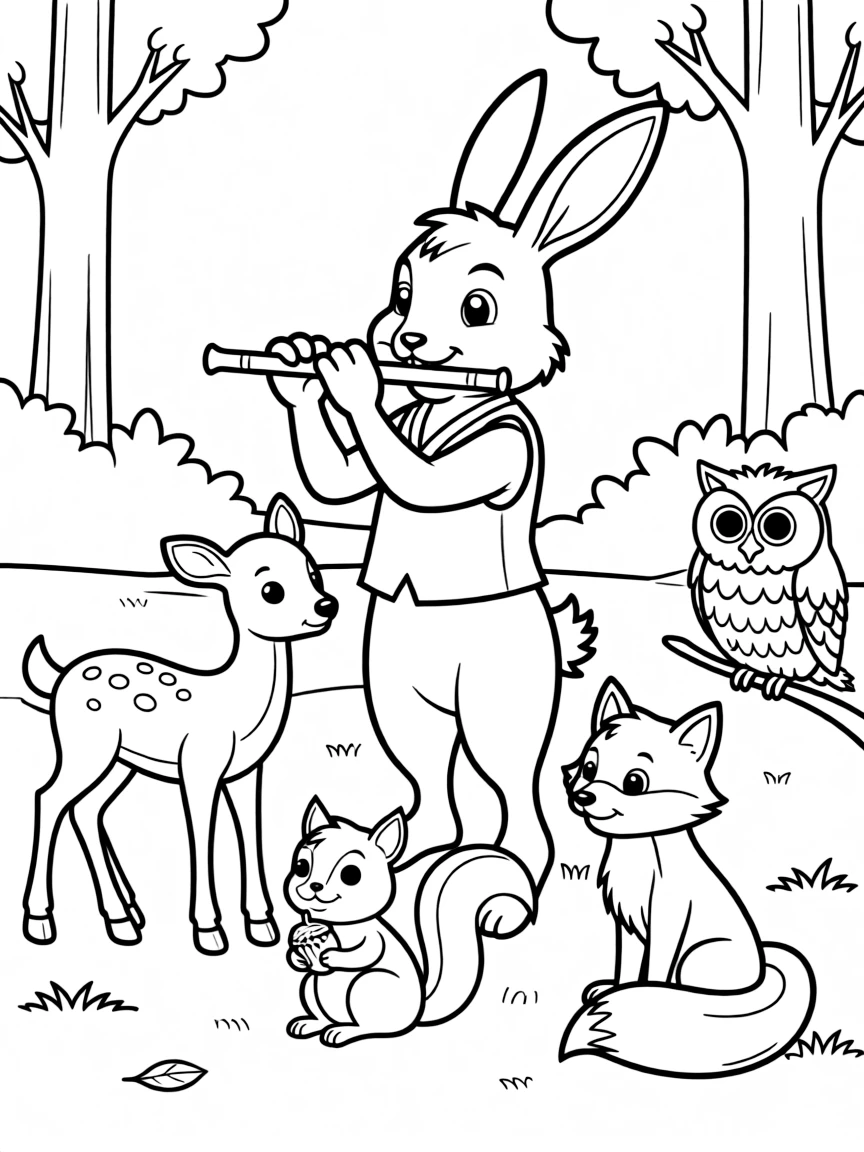 A rabbit playing a tiny flute for a group of forest animals.