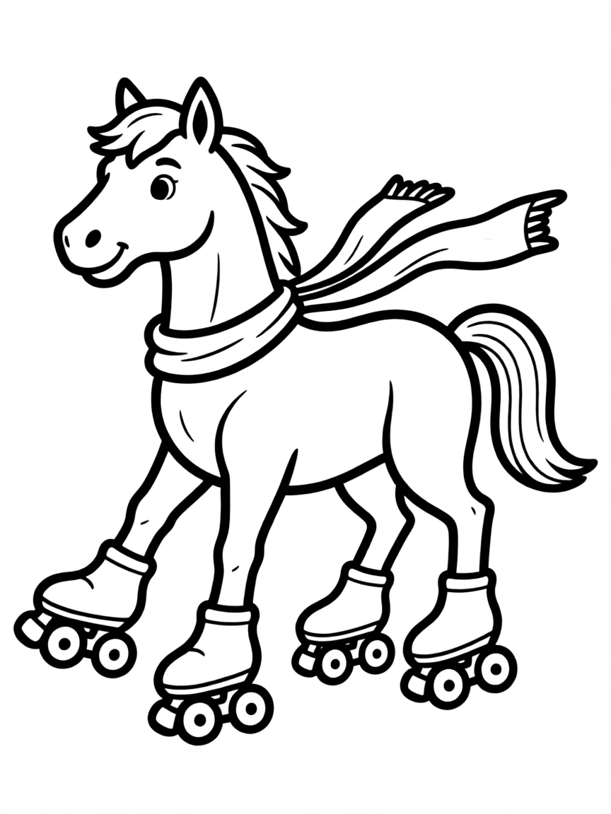 A horse wearing roller skates, gliding happily.