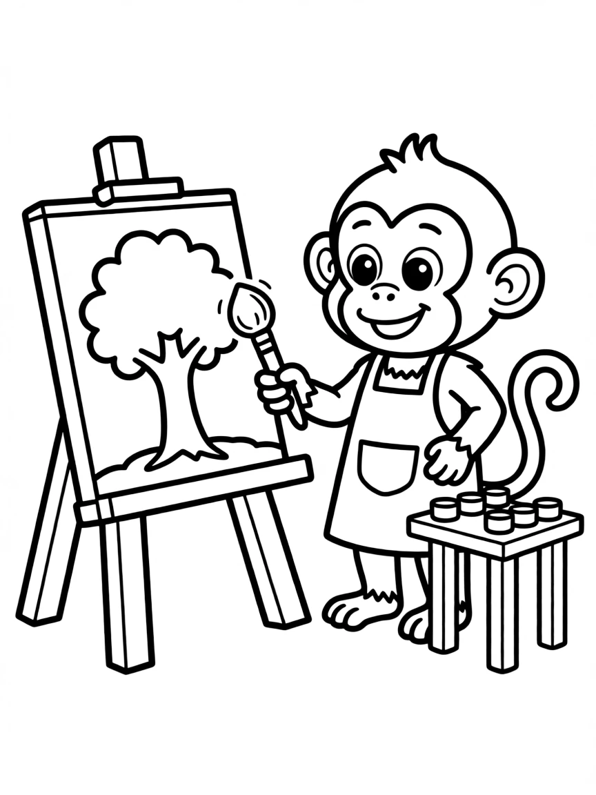 A monkey painting a picture on an easel.