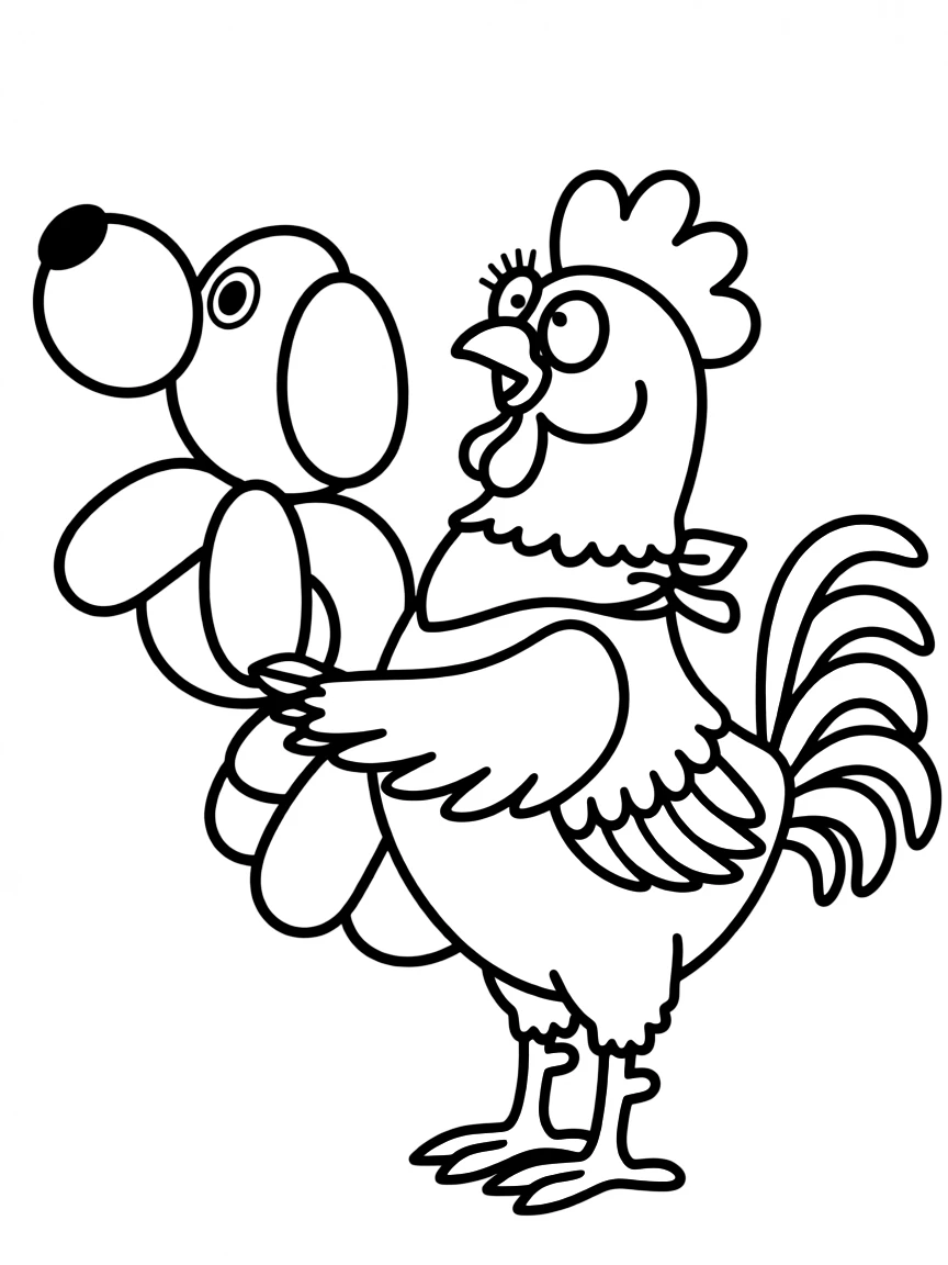 A rooster holding a giant balloon animal.
