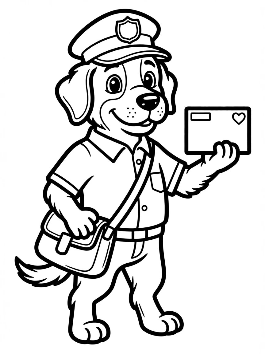 A dog dressed as a mail carrier, delivering a letter.