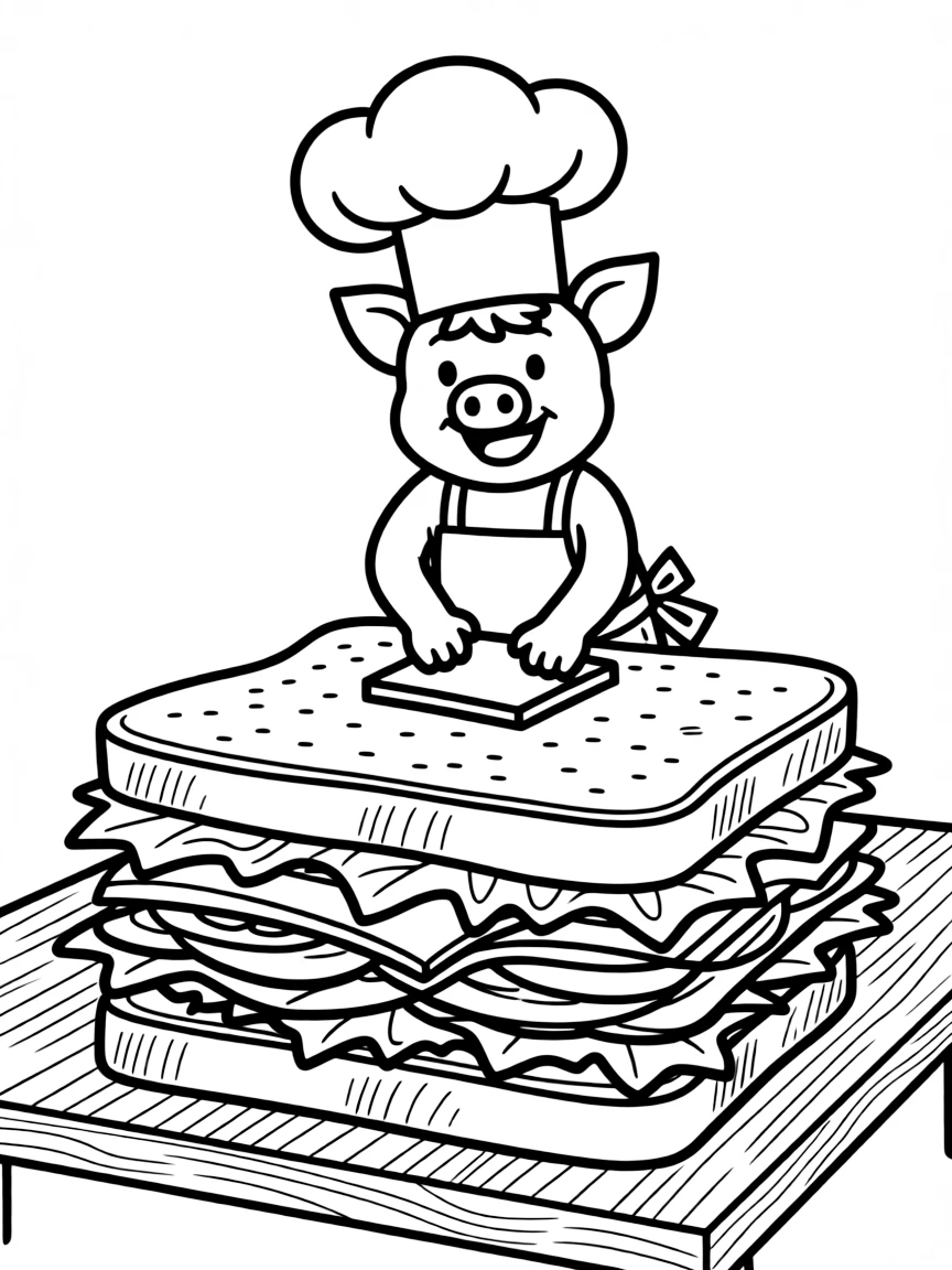 A pig wearing a chef's hat, making a giant sandwich.