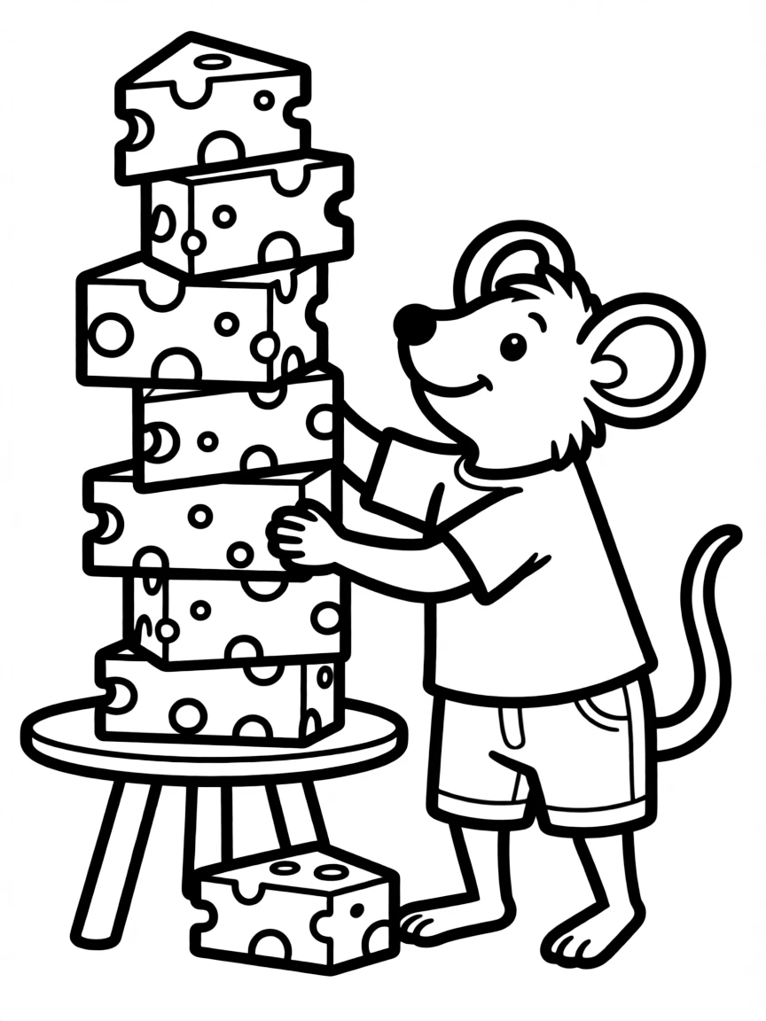 A rat building a tower of cheese blocks.