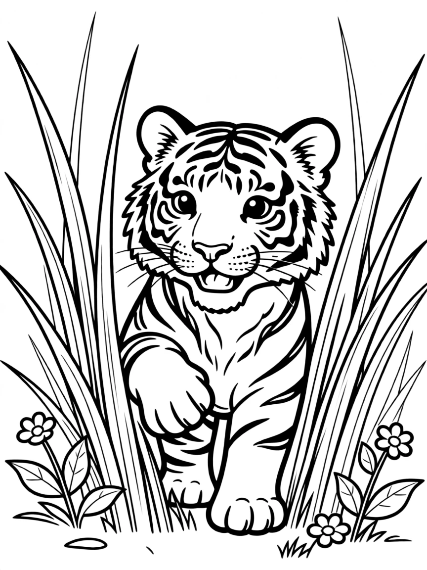 A tiger cub playing hide-and-seek behind tall grass.