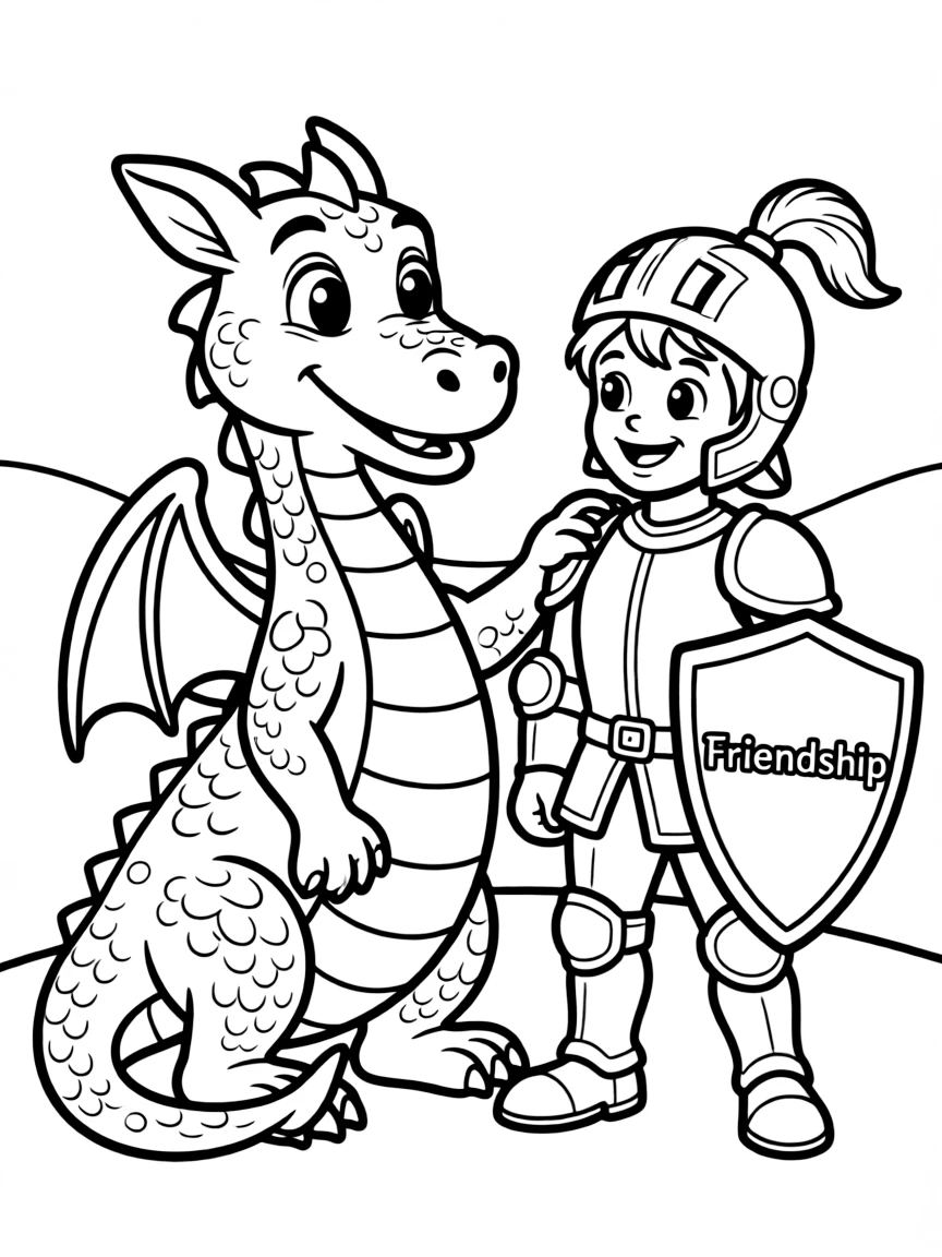 A dragon helping a knight in shining armor.