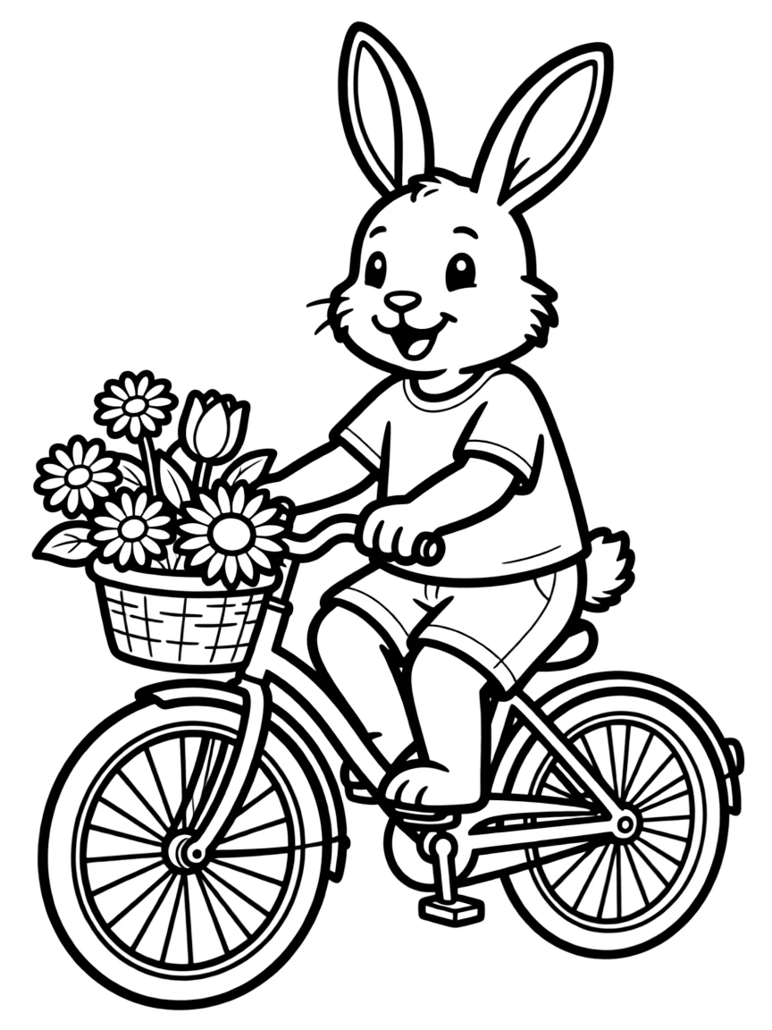 A rabbit riding a bicycle with a basket of flowers.