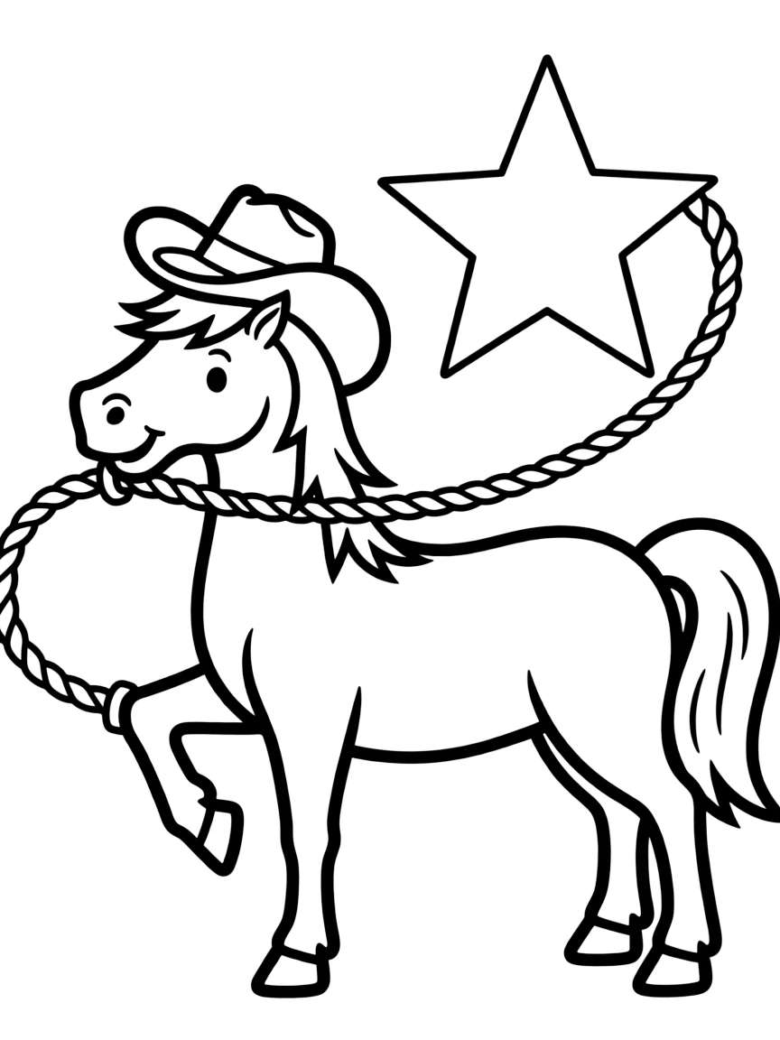 A horse wearing a cowboy hat, lassoing a star.