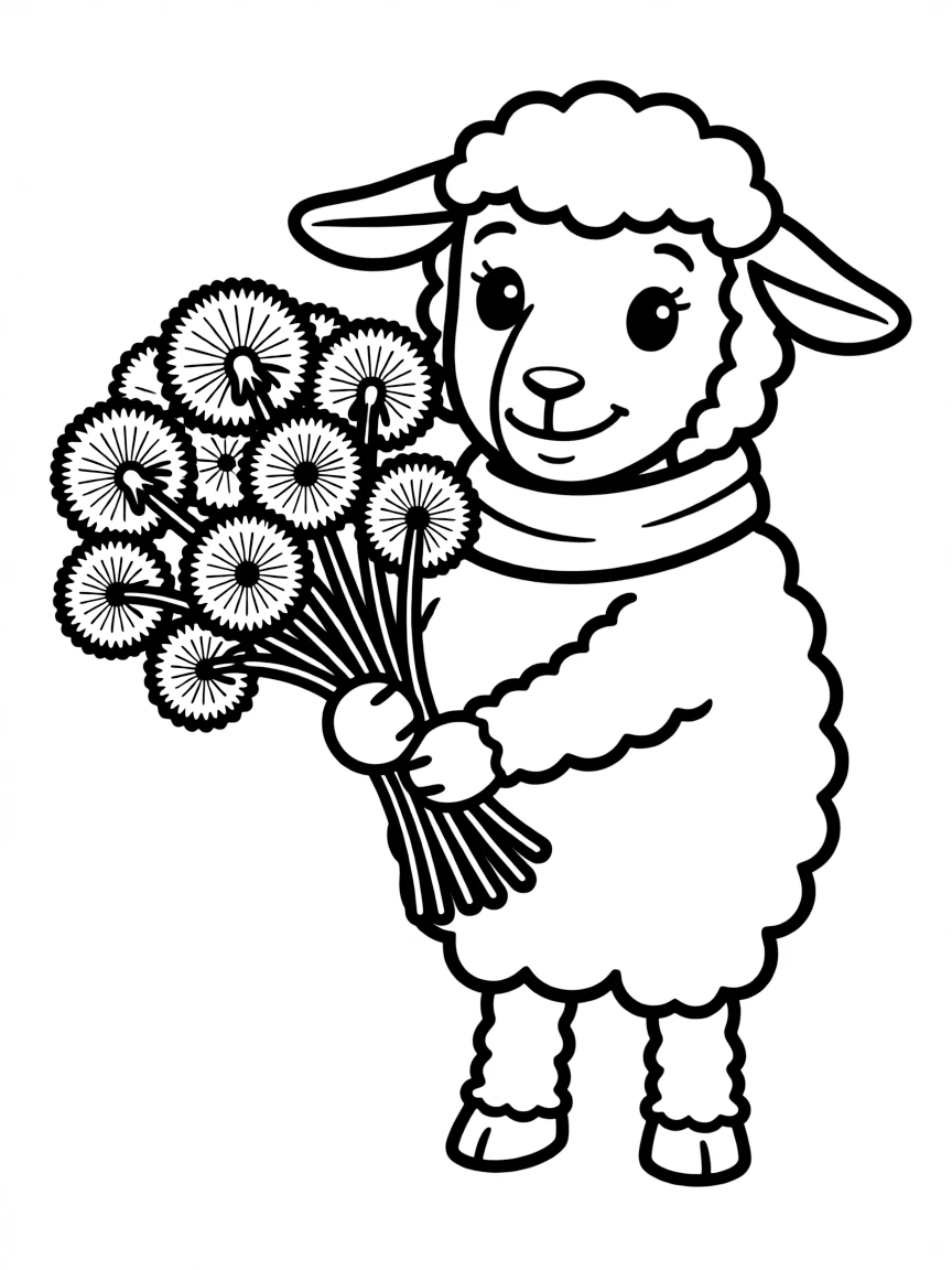 A sheep holding a bouquet of dandelions.