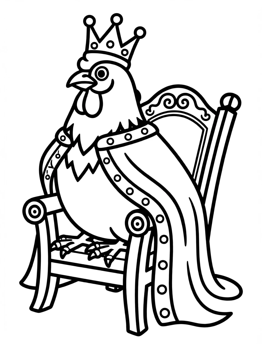 A rooster dressed as a king, sitting on a tiny throne.