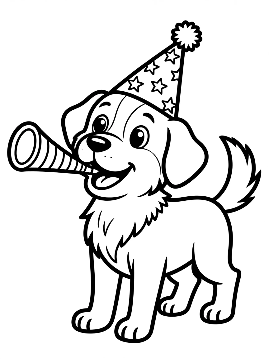 A dog wearing a party hat, blowing a party horn.