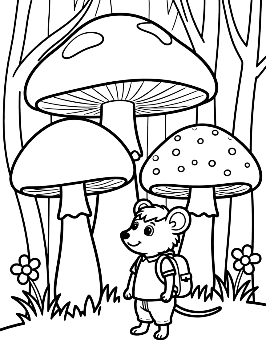 A rat exploring a giant, friendly mushroom forest.