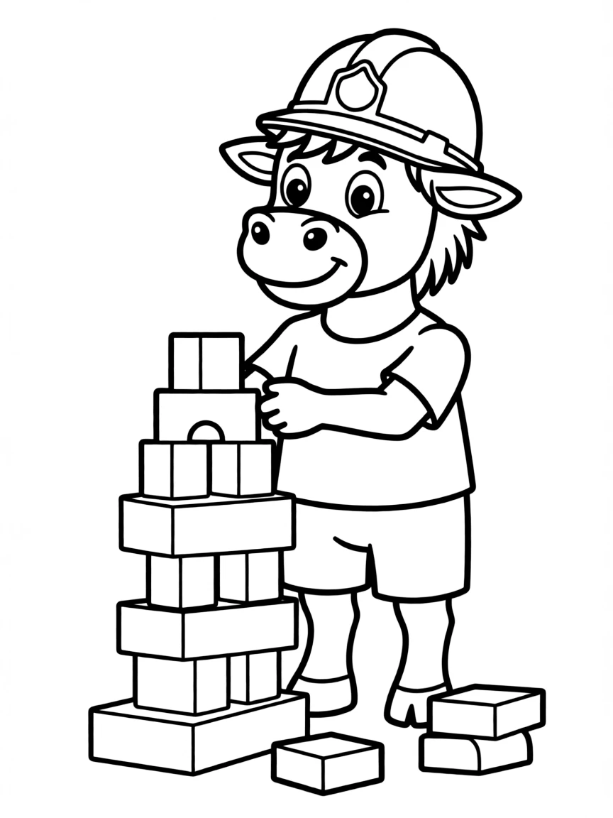 An ox wearing a construction hat, building a block tower.