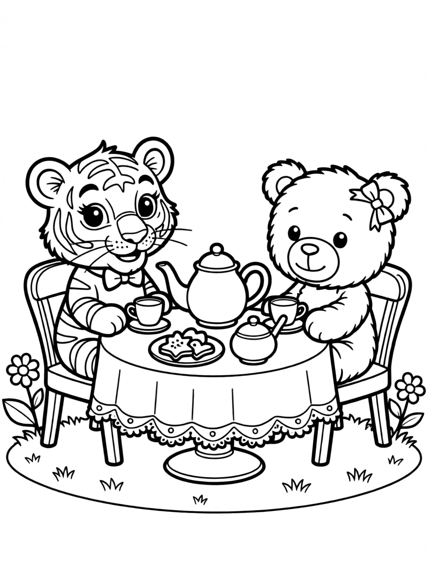 A tiger cub having a tea party with a teddy bear.