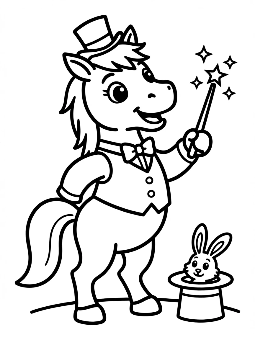 A horse wearing a tiny top hat, doing a magic trick.