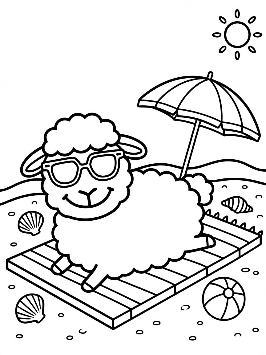 A sheep wearing sunglasses, relaxing on a beach towel.
