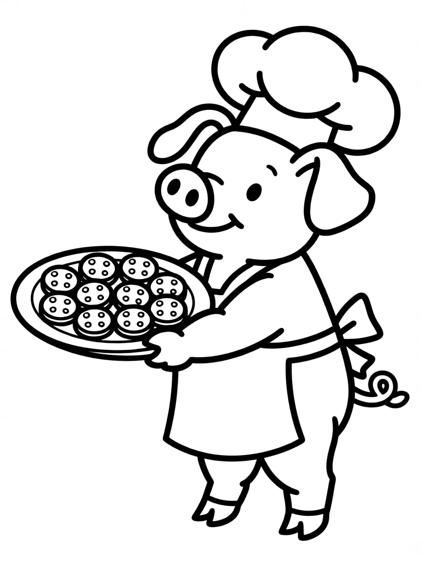 A pig wearing a chef's hat, serving a plate of cookies.