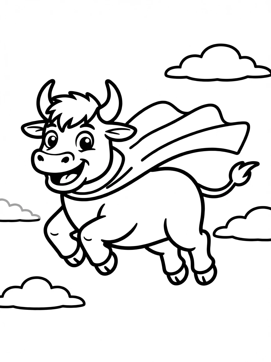 An ox wearing a cape, flying through the sky.