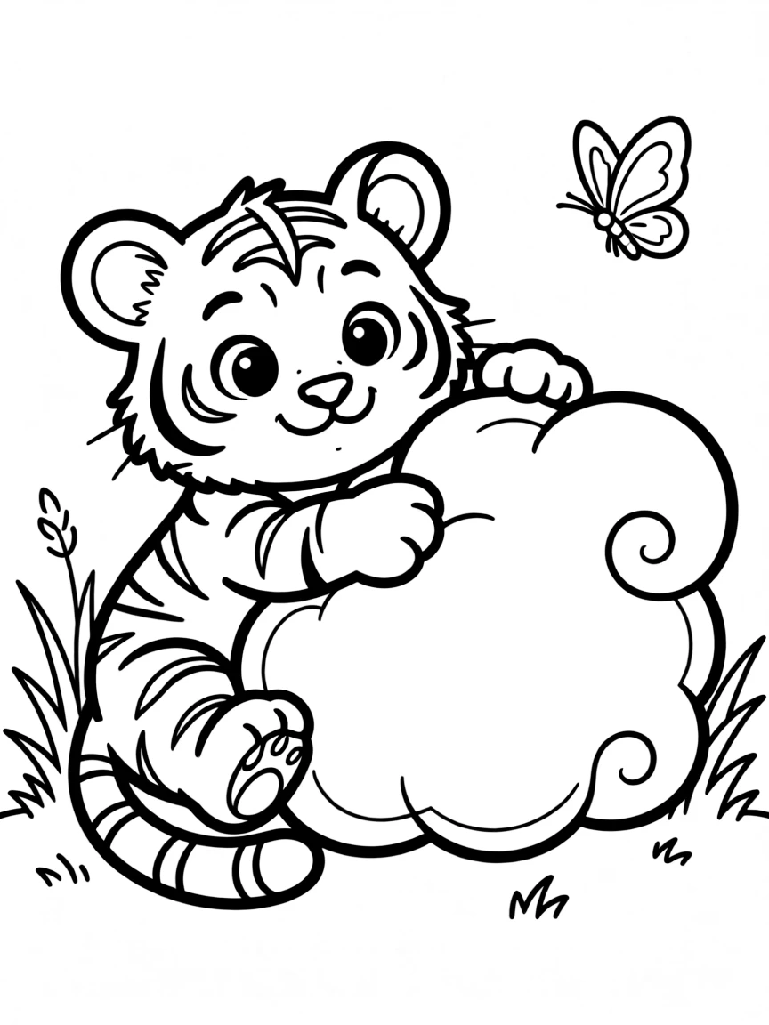 A tiger cub cuddling with a giant, fluffy cloud.